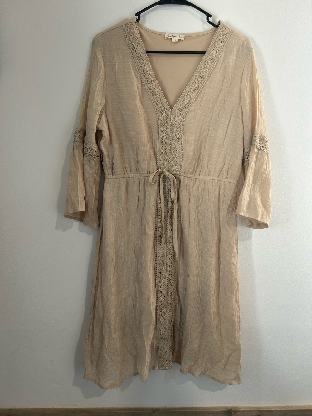 Indigo Rose Beige Boho Dress with Lace Trim